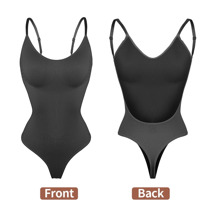 Deep V-Neck Backless U Plunge Thong Bodysuit Shapers Waist Trainer Women's Clear Strap Padded Push Up Corset