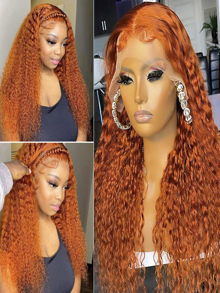 12-34 Inch Ginger Orange 360 Full Lace Front 13x4 HD Transparent Deep Wave Wig