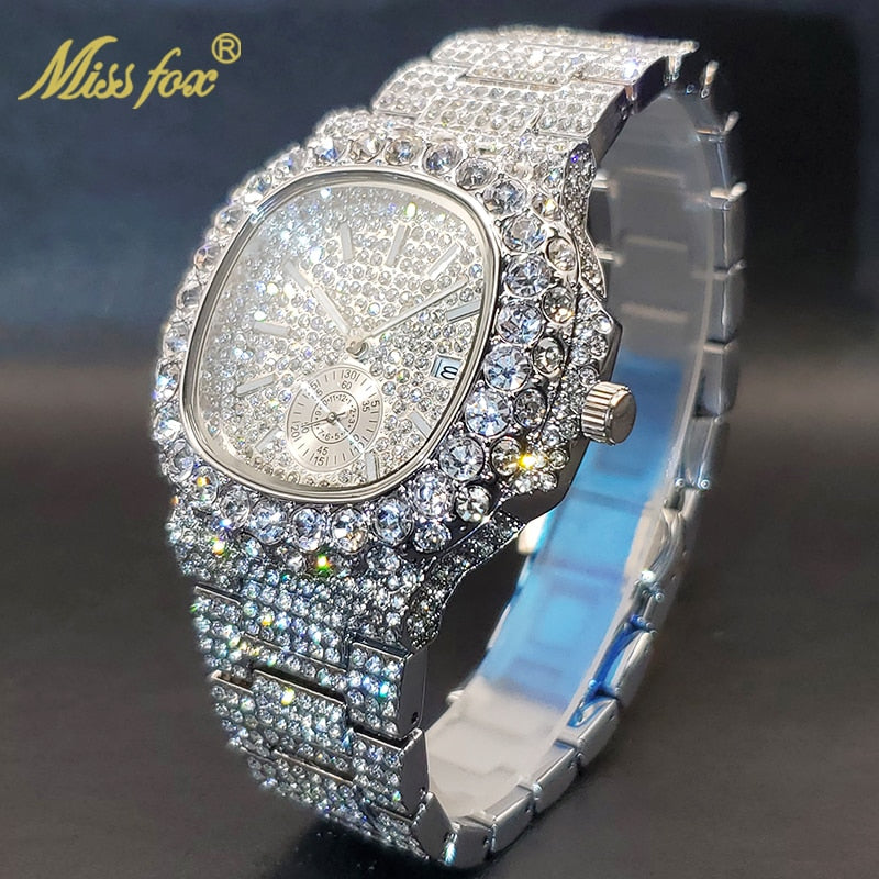 Gold Watch For Men Diamond Iced Out Hip Hop Stylish Quartz Waterproof Wristwatches