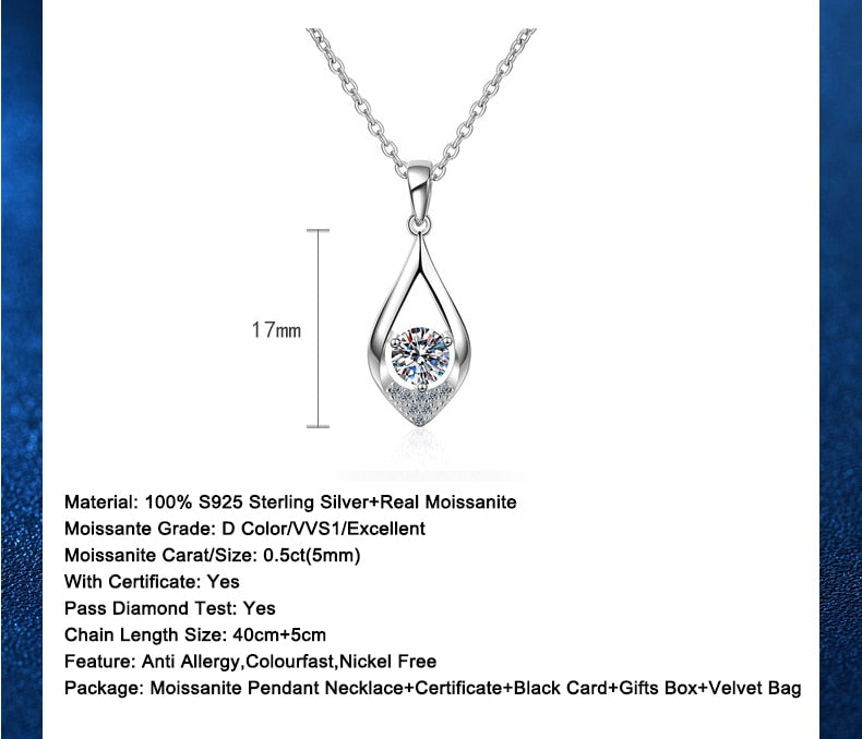 AIFAFA 0.5 Carat Moissanite Water Drop Pendant Necklace 100% S925 Sterling Silver Jewelry