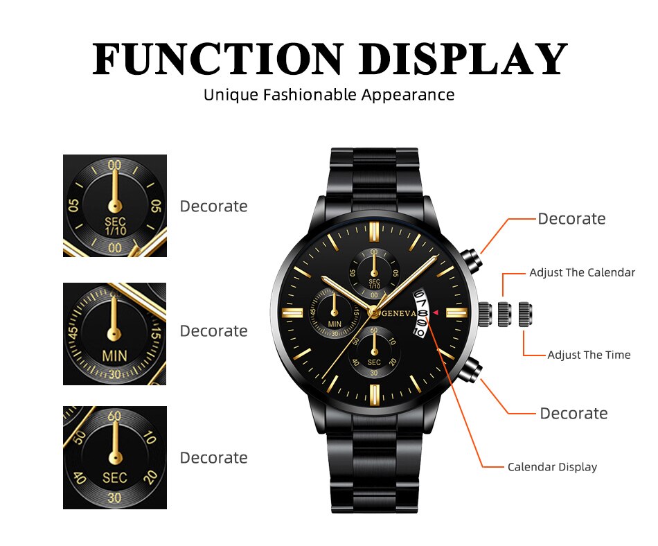 Fashion Men Black Stainless Steel Luxury Calendar Quartz Wrist Watch