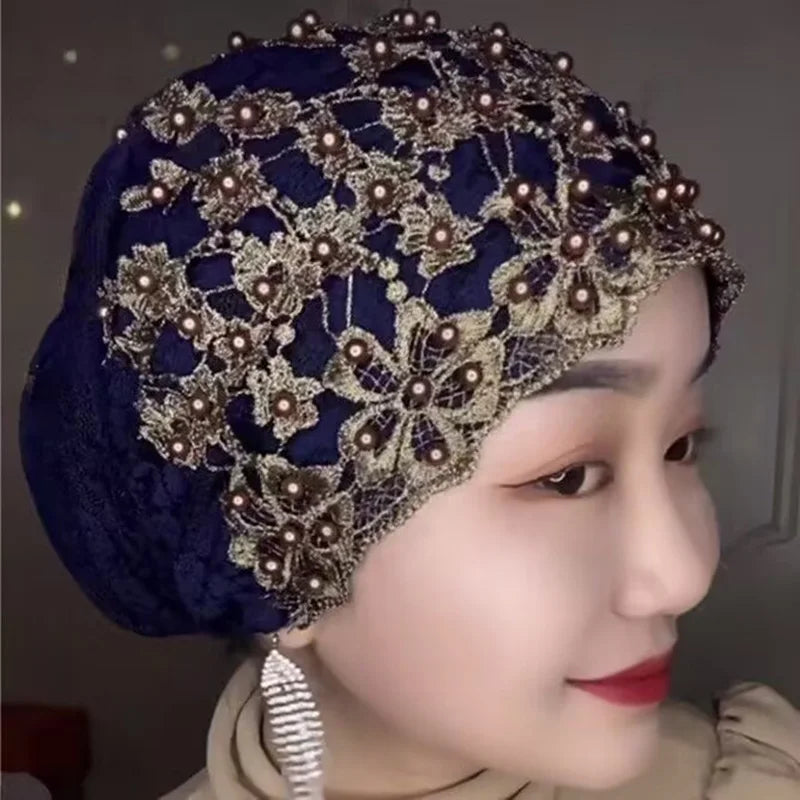 Lace Beading Turban Hat Headscarf