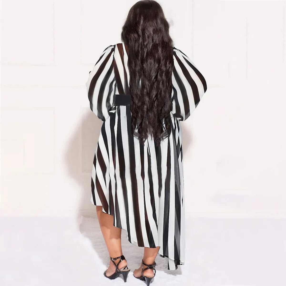 Plus Size Women Stripe Printing Long Sleeve Irregular Loose Casual Dresses