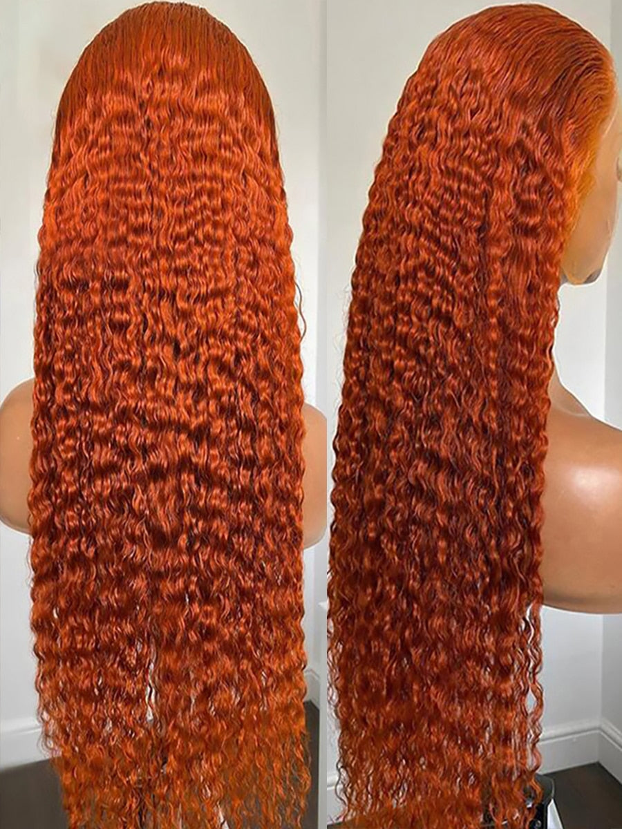 12-34 Inch Ginger Orange 360 Full Lace Front 13x4 HD Transparent Deep Wave Wig