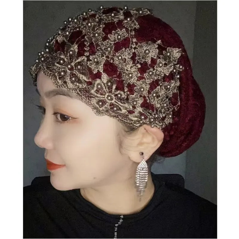 Lace Beading Turban Hat Headscarf