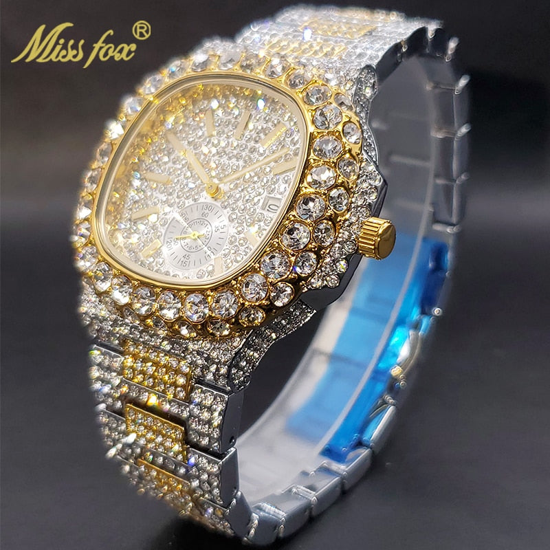 Gold Watch For Men Diamond Iced Out Hip Hop Stylish Quartz Waterproof Wristwatches