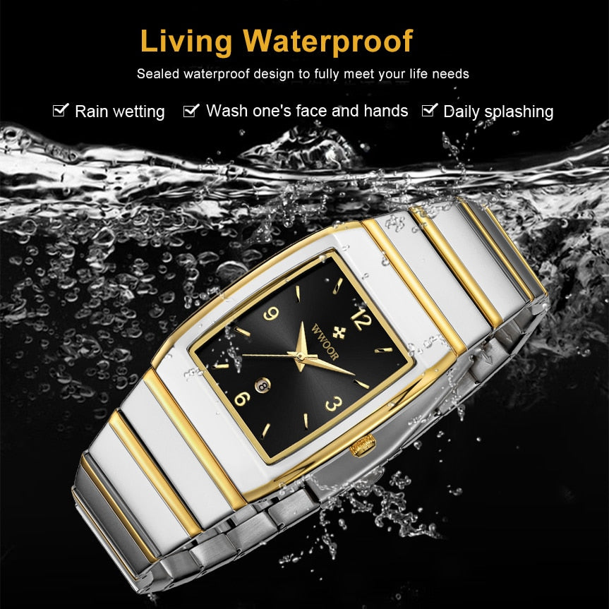 WWOOR New Fashion Luxury Square  Stainless Steel Waterproof Quartz Men's Wristwatch