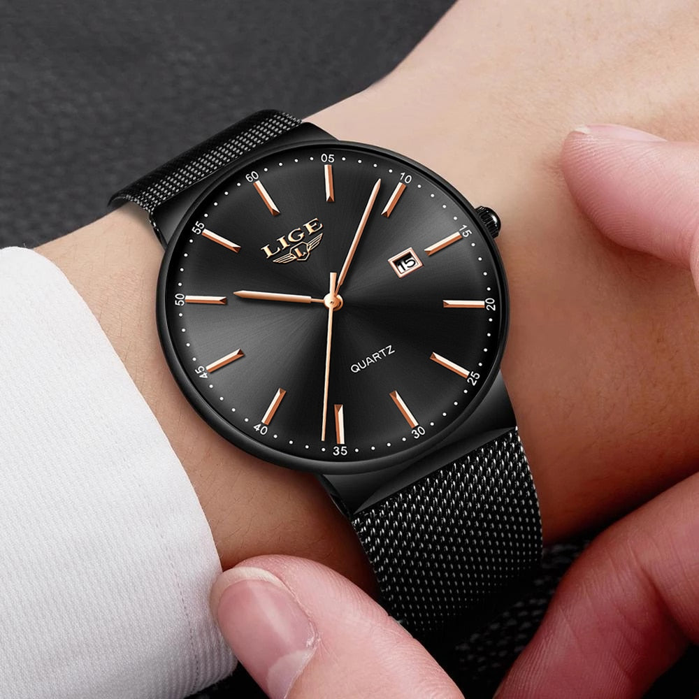 LIGE Ultra Thin Waterproof Date Quartz  Men's Fashion Wrist Watch