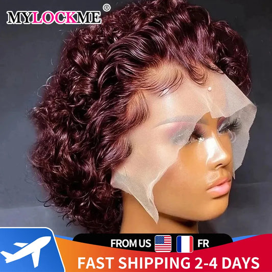 Short Curly Human Hair Pixie Cut Preplucked Transparent Lace Wig