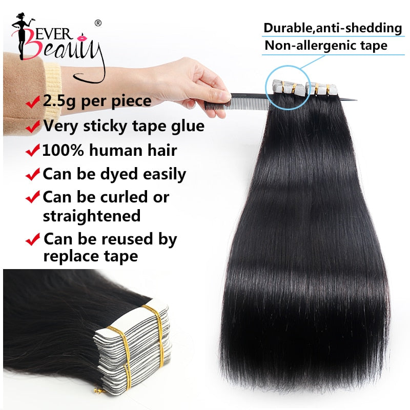 Straight Tape In Human Hair Skin Weft Extensions Invisible Tape Ins Brazilian Bulk Virgin Hair