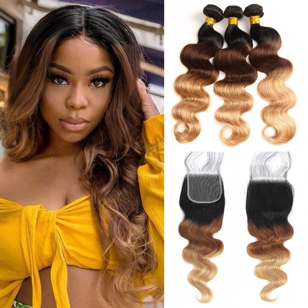 Colored Body Wave Brazilian Human Hair Weave Bundles With HD Lace Closure Ombre Brown Extensions