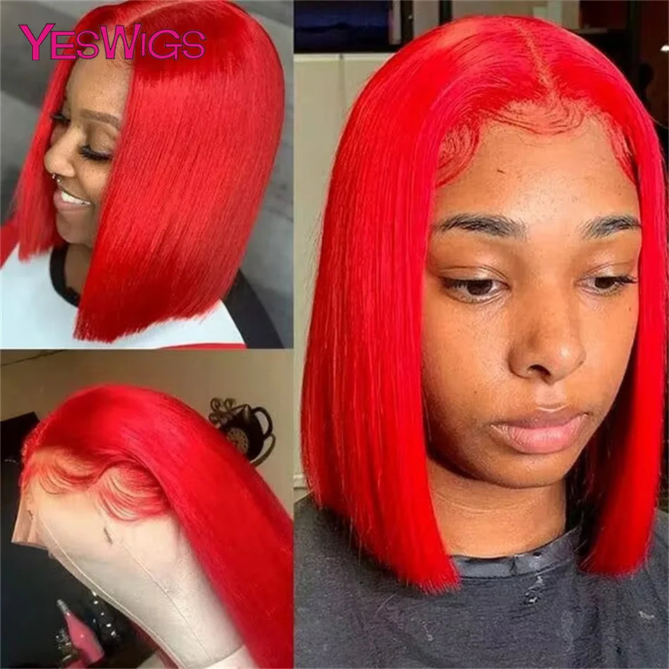 Hot Red Burgundy Colored 13x4 HD Lace Frontal Brazilian Straight Short Bob Human Hair Wigs