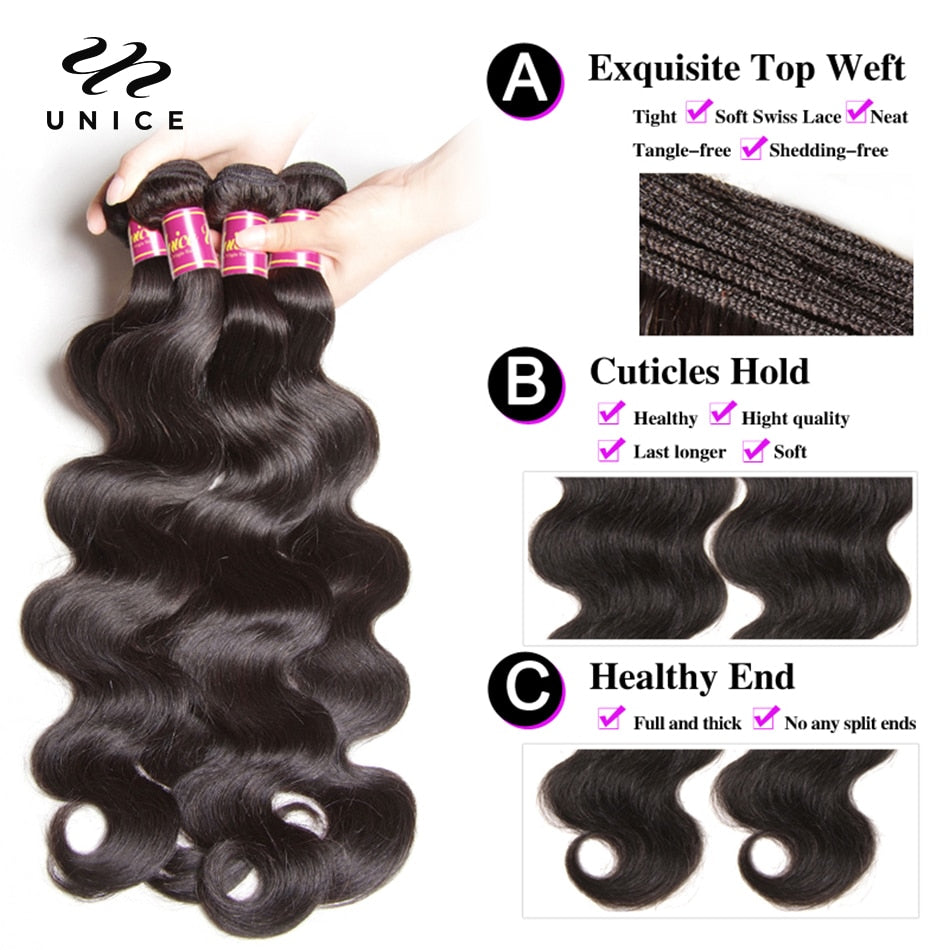 UNICE 30Inch Natural Color Body Wave Brazilian Virgin 100% Human Hair Weave 1/3/4 pcs