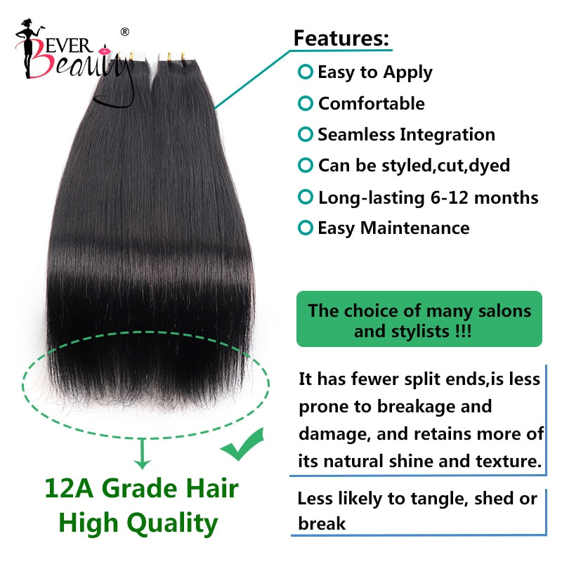 Straight Tape In Human Hair Skin Weft Extensions Invisible Tape Ins Brazilian Bulk Virgin Hair