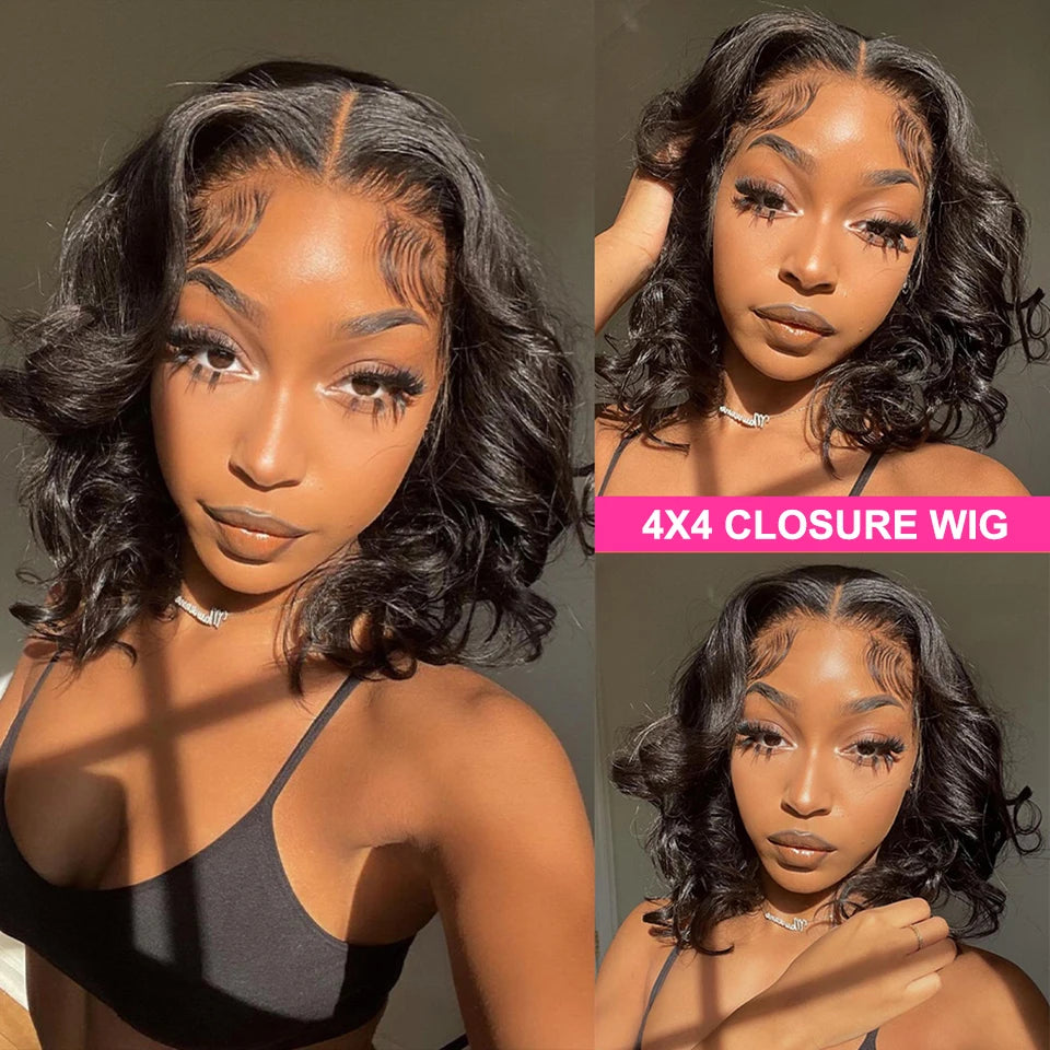 Brazilian Body Wave Short Bob 4x4 Closure Wig Transparent 13x4 Lace Front Pre Plucked Human Hair Wigs for Women