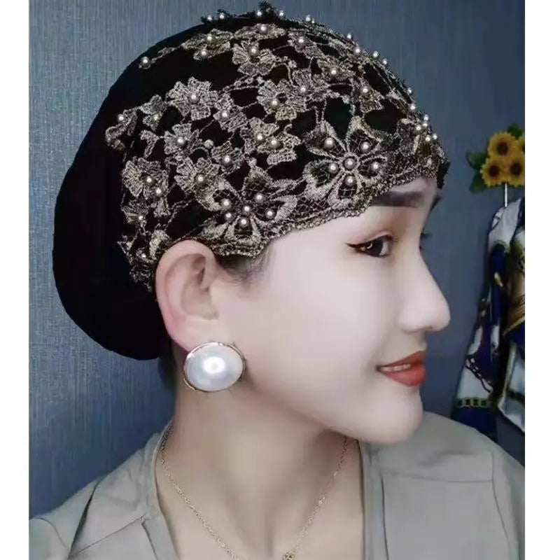 Lace Beading Turban Hat Headscarf