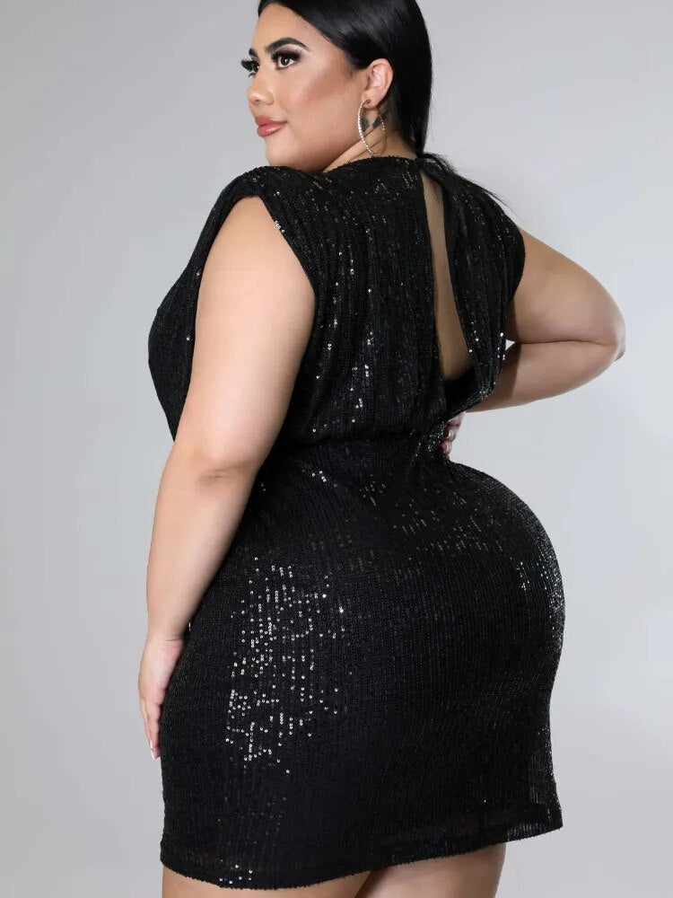 Sequins Black Sheath V Neck Sleeveless Backless Pencil Above Knee Sexy Evening Party Plus Size Gowns