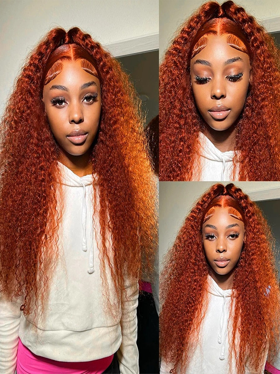 12-34 Inch Ginger Orange 360 Full Lace Front 13x4 HD Transparent Deep Wave Wig