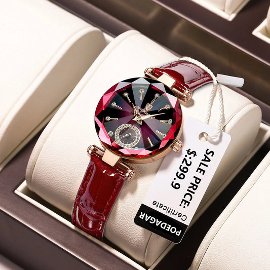 POEDAGAR Waterproof Ladies Leather Band Quartz Watch