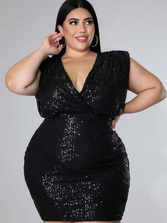 Sequins Black Sheath V Neck Sleeveless Backless Pencil Above Knee Sexy Evening Party Plus Size Gowns