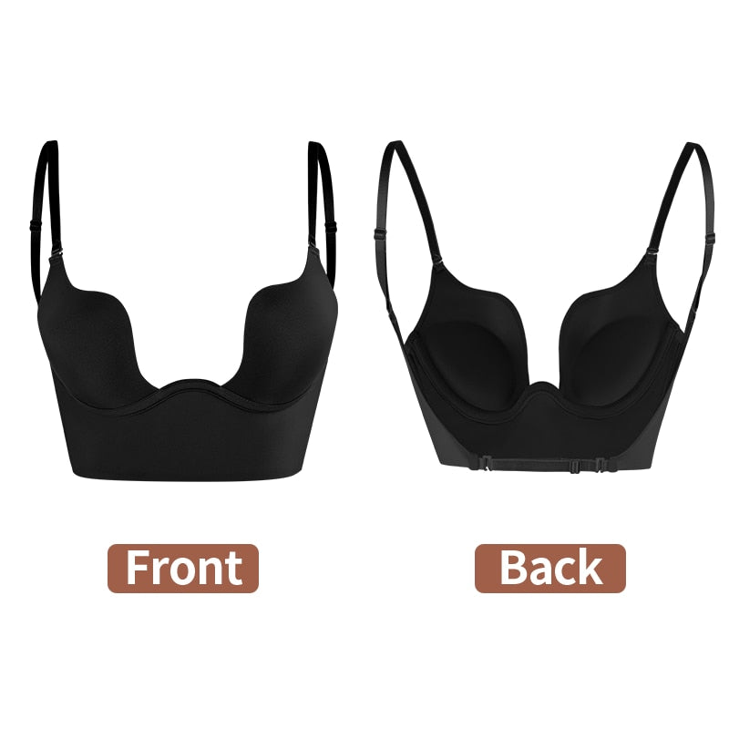 Deep V-Neck Backless U Plunge Thong Bodysuit Shapers Waist Trainer Women's Clear Strap Padded Push Up Corset