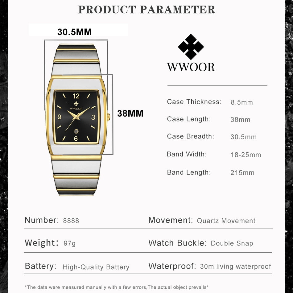 WWOOR New Fashion Luxury Square  Stainless Steel Waterproof Quartz Men's Wristwatch