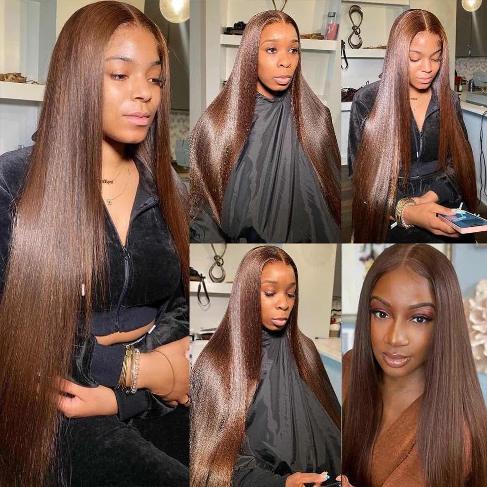 12A 10"-32" #4 Chocolate Brown Straight Human Hair Bundles with Closure &Frontal Raw Brazilian Hair Weave Bundles with Closure