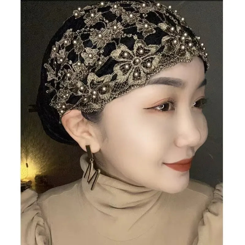 Lace Beading Turban Hat Headscarf