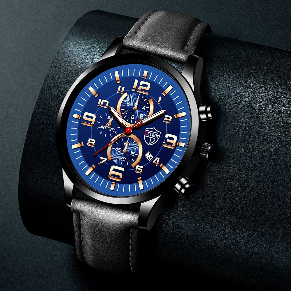 Men's Luminous Stainless Steel Leather Quartz Wrist Watch With Calendar Date And Casual Bracelet