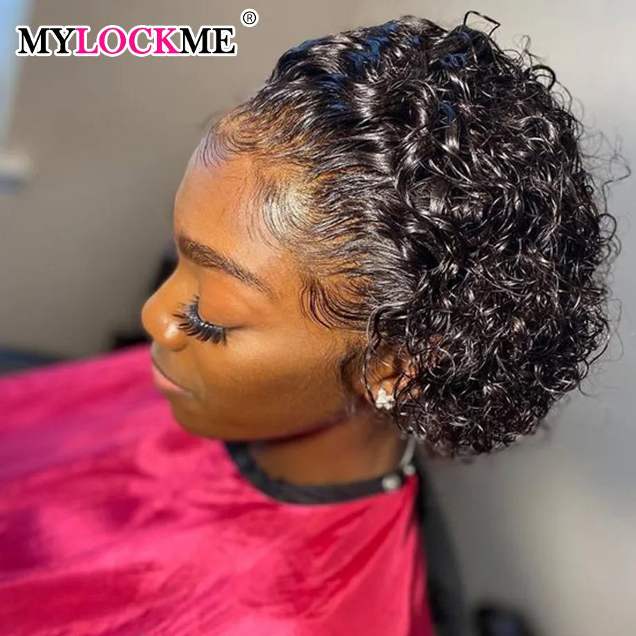 Short Curly Human Hair Pixie Cut Preplucked Transparent Lace Wig