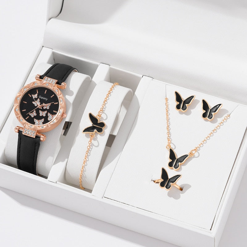 Luxury Women Watch, Bracelet, Earring, And Necklace Set / Leather Band Ladies Quartz Wristwatch