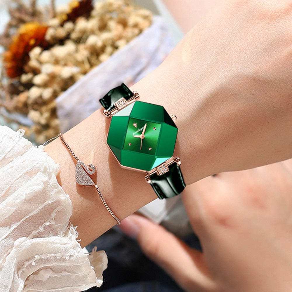 POEDAGAR High Quality Luxury Women's Diamond Quartz Waterproof Green Leather Fashion Watches