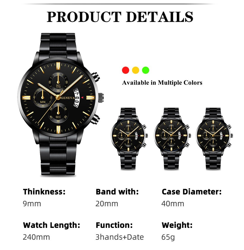 Fashion Men Black Stainless Steel Luxury Calendar Quartz Wrist Watch