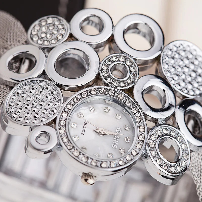 Women Inlaid Rhinestones Mesh Watch