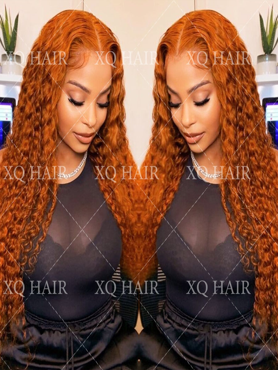 12-34 Inch Ginger Orange 360 Full Lace Front 13x4 HD Transparent Deep Wave Wig