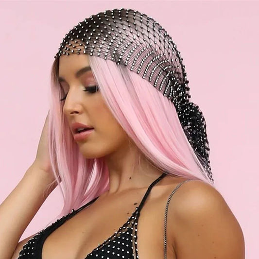 Fishnet Plaid Bling Rhinestone Women Head Scarf