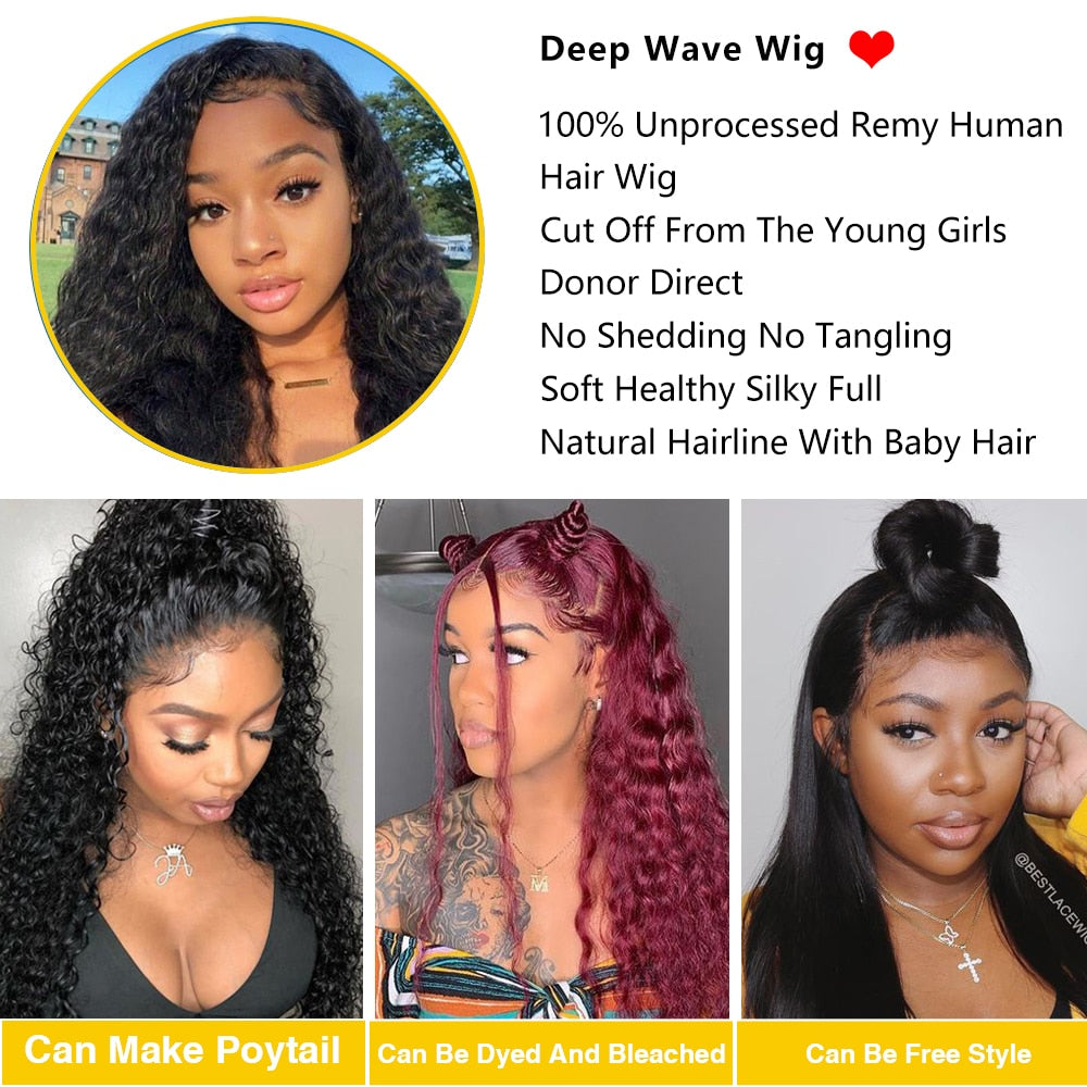 HD Transparent Lace Front  Deep Wave 13x4/ 13x6  Wet And Wavy Curly Human Hair 4x4 Water Closure Wig