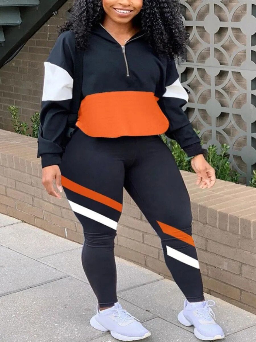 Plus Size Striped Zipper Design Tracksuit Set