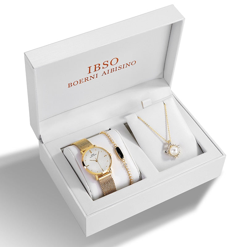 IBSO 2022 Women's Quartz Crystal Bracelet Necklace and Watch Set