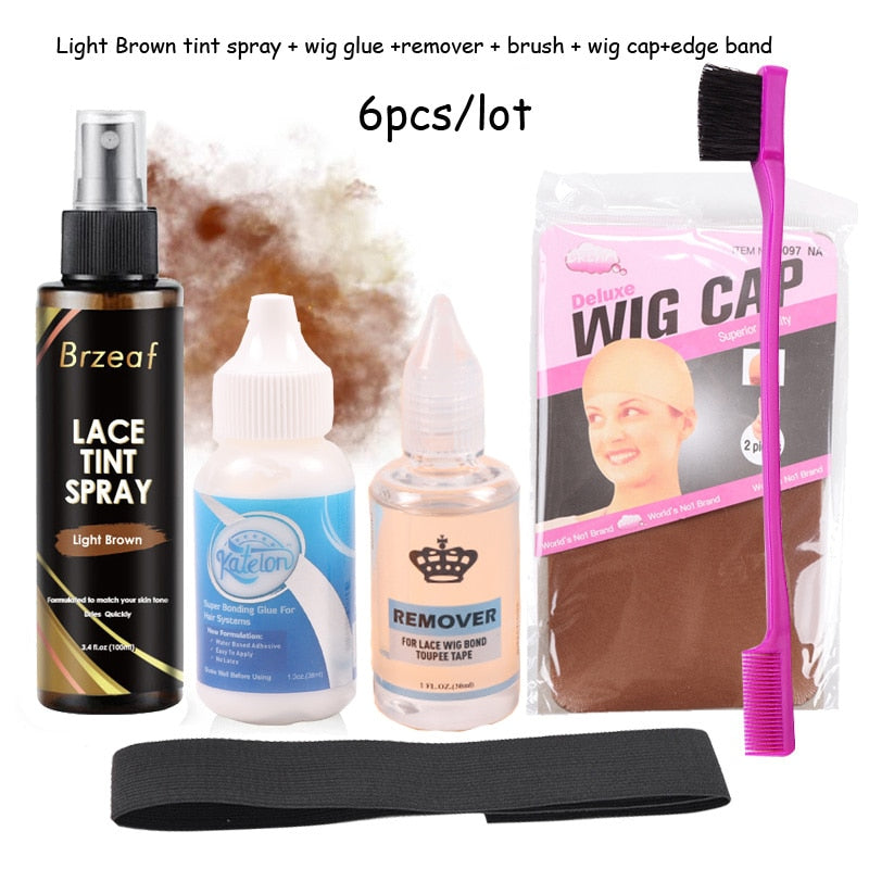 38Ml Waterproof Lace Front Wig Glue And Lace Tint Spray Kit Adhesive Remover With Melt Elastic Headband Brown Stocking Wig Cap