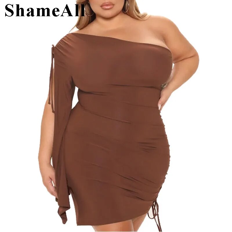 Plus Size Sexy One Shoulder Cap Sleeve Ruched Mini Dress