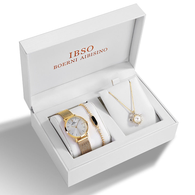 IBSO 2022 Women's Quartz Crystal Bracelet Necklace and Watch Set