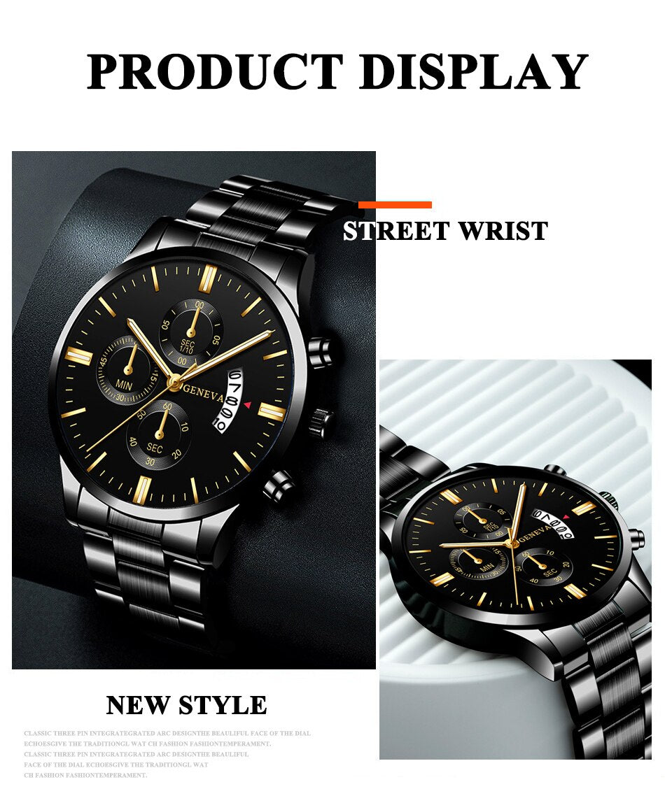 Fashion Men Black Stainless Steel Luxury Calendar Quartz Wrist Watch