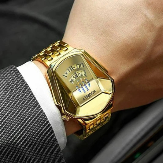 Golden Luxury Men Stainless Steel Technology Fashion Quartz Watch