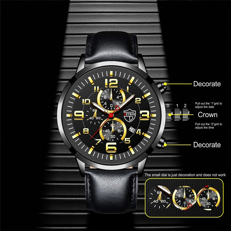 Men's Luminous Stainless Steel Leather Quartz Wrist Watch With Calendar Date And Casual Bracelet