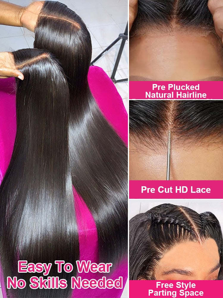 Glueless Preplucked Ready To Wear And Go Brazilian Bone Straight 13x4 HD Lace Frontal Human Hair Wig