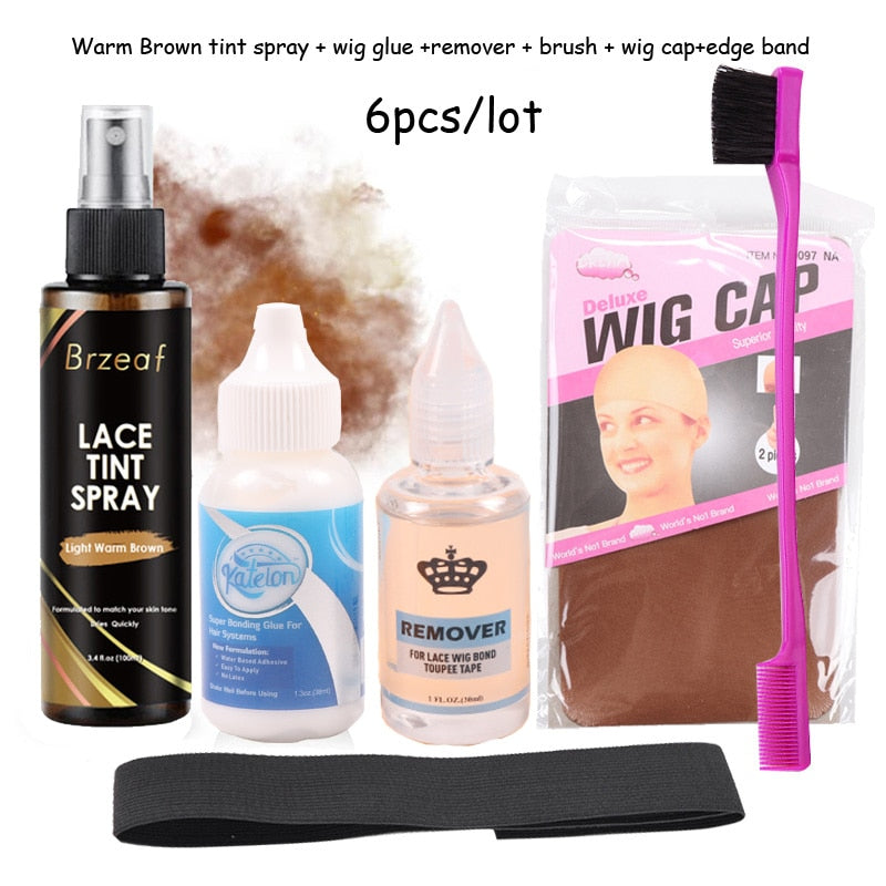 38Ml Waterproof Lace Front Wig Glue And Lace Tint Spray Kit Adhesive Remover With Melt Elastic Headband Brown Stocking Wig Cap