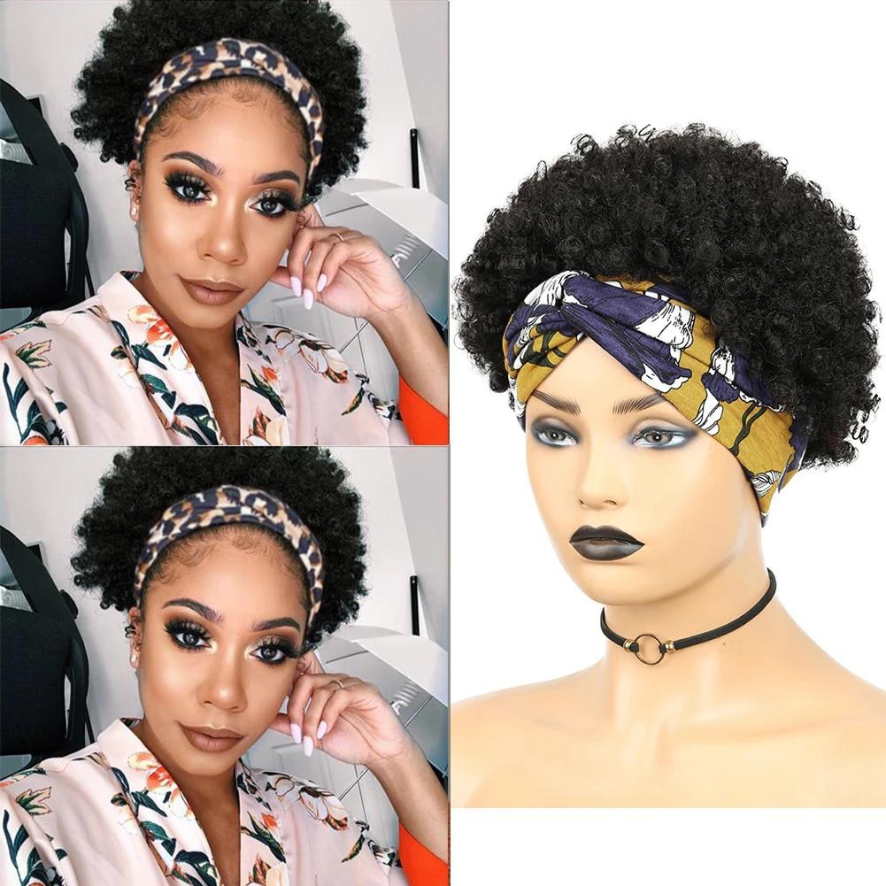 Curly Afro Puff Half Hair Up-do Brazilian Remy Human Hair Headband/ Turban Wrap-wigs