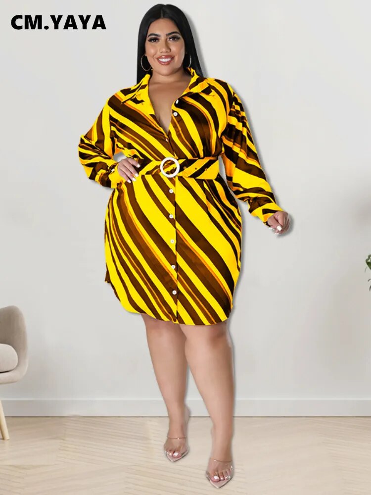 Elegant Women Plus Size Curve Striped Long Sleeve with Belt Shirt Style Dress