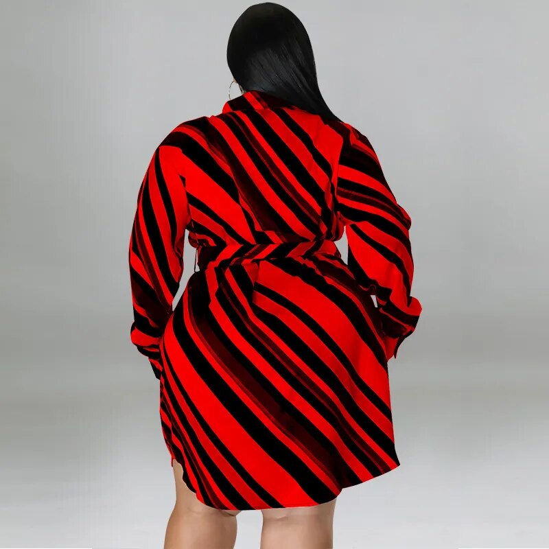 Elegant Women Plus Size Curve Striped Long Sleeve with Belt Shirt Style Dress